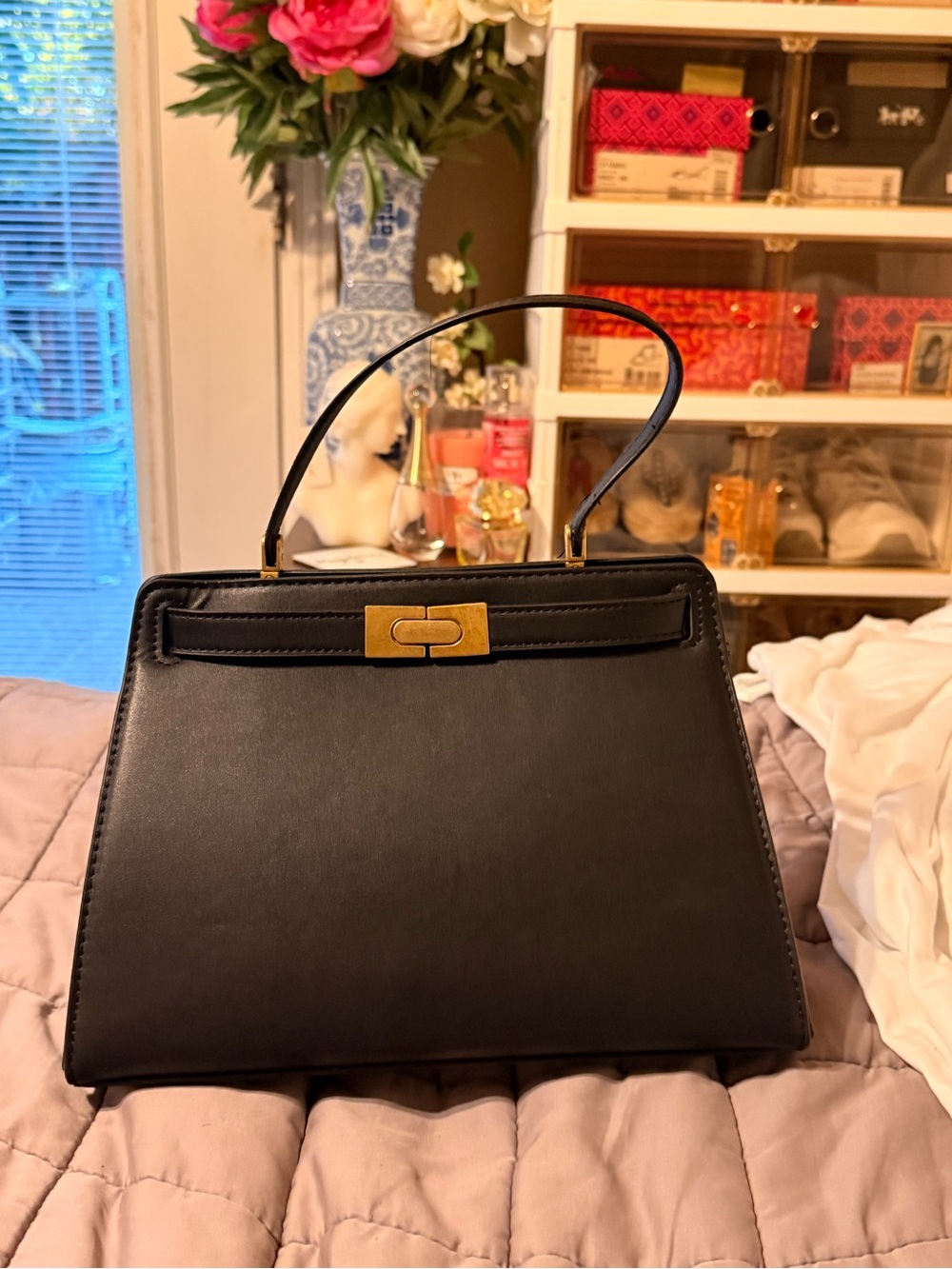 Structured Black Leather Top-Handle Satchel with Gold Hardware